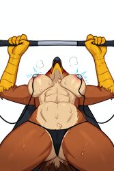 abs ai_generated anthro athletic athletic_anthro athletic_female avian bench_press bird breasts electrodes electrostimulation female gym hawk muscular nipple_play thong workout