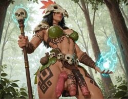 1futa 3_penises ai_generated big_penis black_hair black_haired_futa black_haired_only civitai clothed covered_breasts dangling_but_long_and_thick druid erikochan exposed_balls exposed_penis fantasy flaccid futanari horsecock knot large_penis light-skinned_futa long_hair low-angle_view magic medium_breasted_futa medium_breasts more_at_source multi_penis original outdoors precum realistic_breast_size self_upload skull_helmet skulls soft_but_long_and_thick solo staff standing tattoos triphallia uncensored veiny_penis
