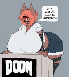 bunybunyboi giant_breasts dialogue doom pain_elemental_(doom) demon demon_girl monster monster_girl 1girls female solo solo_female torn_clothes