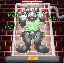 2025 anthro biped black_body bottomless brick brick_wall bulge clothed clothing digital_media_(artwork) drone english_text green_clothing green_eyes green_hoodie green_topwear hi_res hoodie lagomorph latex leporid male mammal null_bulge open_mouth open_smile rabbit smile story story_in_description struggling text toony topwear tuckerboo vacuum_bed wall_(structure)