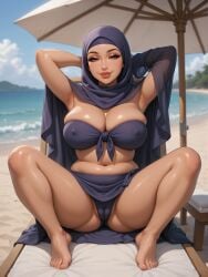 1girls ai_assisted ai_generated armpit_crease armpits arms_behind_head bandeau beach beach_background beach_umbrella belly_button belly_folds bikini cameltoe chubby_female cleavage erect_nipples_under_clothes eyelashes female grey_clothing grok half-closed_eyes hijab hijabi large_breasts lipstick micro_bikini midriff milf mommy nipple_bulge ocean ocean_background pelvic_line purple_eyes relaxing rgomez007 sarong seductive_look self_upload shawl skindentation small_breasts smiling_at_viewer solo_female stable_diffusion thick_eyelashes thick_lips thick_thighs voluptuous vulva_line warm_lighting wide_hips