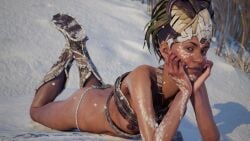 1girls 3d accurate_art_style bare_breasts bare_nipples breasts brown_skin dark-skinned_female dark_skin dark_skinned_female facepaint feet feet_up female female_only game_screenshot horizon_forbidden_west horizon_zero_dawn laying_on_stomach legs loincloth looking_at_viewer lying lying_on_ground lying_on_stomach nude_female nude_mod official_style ribs shoes short_hair skinny slim small_breasts smiling smiling_at_viewer snow tribal_clothing tribal_markings winter zo_(horizon_forbidden_west)