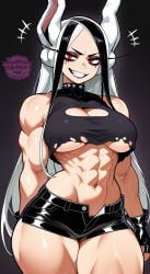 ai_generated jorgecarlosai watermark rumi_usagiyama usagiyama_rumi mirko my_hero_academia boku_no_hero_academia my_hero_academia_(finale) black_hair white_hair two-tone_hair long_hair rabbit rabbit_ears rabbit_girl rabbit_humanoid quirk_(mha) quirked_human_(my_hero_academia) cleavage big_breasts breasts underboob abs muscular muscular_female female female_only female_focus smirk makeup black_lipstick black_makeup eyelashes long_eyelashes red_eyes short_shorts unbuttoned_shorts pubic_hair black_pubic_hair pubic_hair_peek navel toned toned_female 1girl torn_clothes torn_shirt black_shirt black_top black_shorts black_pants no_panties no_underwear no_bra collar spiked_collar teeth sexy goth goth_girl gothic gothified looking_at_viewer posing standing busty busty_female