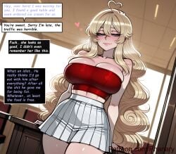 1female 1girl 1girls 2026 absurdres aesthetic ahoge ai_generated anime anime_style bandeau bare_shoulders beautiful beautiful_female beautiful_girl big_ass big_breasts bitch blonde_hair blue_eyes blurred_background blush blush_lines blushing blushing_female breasts bubble_ass bubble_butt cleavage closed_mouth collarbone comic comic_page comic_panel comic_strip cover_page cowboy_shot crop_top curvy curvy_body curvy_female curvy_figure curvy_hips curvy_thighs cute cute_face desk dialogue digital_art digital_painting dutch_angle english english_dialogue english_text hair_between_eyes half-closed_eyes heart heart_ahoge high_quality highres huge_breasts indoors khalys_(phanary) large_ass large_breasts line_art lips long_comic long_hair looking_at_viewer manga_style midriff miniskirt multiple_panels navel original_character patreon patreon_link patreon_username phanary pleated_skirt red_shirt sexy sexy_body sexy_female sexy_pose shirt skindentation skirt slut smile soft_shading solo solo_focus speech_bubble strapless text text_box text_bubble text_focus thick thick_thighs thighs tube_top very_long_hair white_skirt window