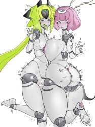 1boy 1girls 2d 2d_(artwork) alternate_color ass back_view big_breasts bite bite_mark blush bob_cut breasts colored_skin drooling female femboy femboy_on_female foot green_eyes green_hair grin hidden_sex hitobashira_(1746164306) hung_femboy hung_trap iana_kalashnikov kiss_mark large_ass long_hair looking_at_viewer machaon_(polynian) nipples official_alternate_color one_eye_closed penis penis_in_pussy pink_hair robot robot_girl robot_joints robot_neoanthropinae_polynian saliva_trail sex simple_background standing standing_sex stealth_sex thick_thighs vaginal_penetration victim_alice white_background white_skin wide_hips
