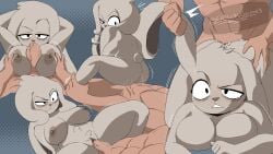 1boy 1girls anthro canela_(inkershike) elotakugames furry grey_fur huge_breasts looking_back multiple_poses pulling_ears pulling_hair rabbit_ears rabbit_girl sex