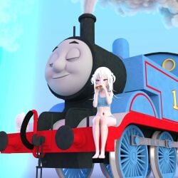 1boy 1girls 3d 3d_(artwork) anime belly_button bellybutton chibi crop_top cute daz3d daz_studio eating eating_food eating_sandwich eyes_closed funny gawr_gura happy happy_expression hololive hololive_english humor locomotive looking_at_food meme midriff mmd myart navel not_nsfw not_porn render sandwich self_upload sentient_object shark shark_girl shortstack steam_locomotive thomas_and_friends thomas_the_tank_engine train wholesome