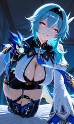 (genshin 1girl accessory ai_generated at bangs black blue boobs boots breasts cleavage clothing contact cutout eula_(genshin_impact) eye eyes female focus forest fours genshin_impact gloves glowing hair hairband handwear huge impact large leotard long looking medium nature necktie night ornament outdoors purple sky sleeves smile smiling solo thick thighhighs thighs viewer vision
