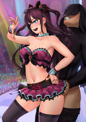 1boy 1girls ahoge arm arm_up audience bare_arms bare_shoulders belt black_legwear black_ribbon blue_eyes blush bow breasts cleavage clenched_hand clenched_teeth clothed_sex collarbone earrings female glowstick hair_between_eyes hair_ribbon hairbow hand_on_hip hands_on_another's_hips hood ichinose_shiki idol idolmaster idolmaster_cinderella_girls implied_sex jewelry knee_up lasterk legs long_hair looking_down mask midriff miniskirt navel neck necklace open_mouth pants_pull pearl_necklace plaid plaid_print plaid_skirt public public_sex purple_hair purple_skirt revealing_clothes ribbon round_teeth sex smile stage standing standing_sex straight strapless sweat teeth thighhighs two_side_up v wrist_cuffs