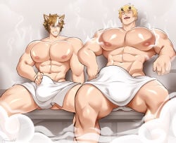 2boys bara bara_body bara_tiddies bara_tits gasaiv gay genshin_impact gorou_(genshin_impact) male male_focus male_only muscular muscular_male sauna sauna_bench thoma_(genshin_impact)