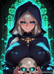 1girl 2026 ai_generated anime bangs blue_eyes boobs breasts cleavage covered_nipples crossover eye_contact female female_focus glowing glowing_eyes grey_hair grin hair_between_eyes highres holding holding_skull hood huge_breasts indoors inside long_hair looking_at_viewer nsfw patreon patreon_username rognezart skull smile smiling solo upper_body uzaki-chan_wa_asobitai! uzaki_tsuki very_long_hair web_address