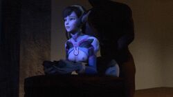 d.va animated animated_gif zedsfm sex_while_gaming dark_room slow_sex doggy_style pleasure_face vaginal_penetration brown_hair bodysuit small_breasts boobs functionally_nude faceless_male headphones ass controller facepaint asian_female pale-skinned_female dark-skinned_male bunny_emblem overwatch 2016
