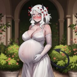 ai_generated bride bride_veil demon_girl demon_horns demon_tail embarrassed female helltaker lazybonesai looking_at_viewer modeus_(helltaker) pregnant pupils symbol-shaped_pupils thicc_thighs wedding_dress
