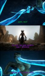 2016 3d anthro argonian arm_grab armor bizzyniz breasts cave comic detailed dialogue female front_view glowing helmet highres indoors nude rear_view reptile scalie sky skyrim source_filmmaker tail_grab tentacle tentacle_in_mouth the_elder_scrolls translucent translucent_tentacles yelling