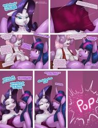 absurd_res anthro anthrofied bickering breasts business_card cleavage clothed clothing comic doctor_awesome english_text equid equine female friendship_is_magic genitals hasbro hi_res horn inserting makeup mammal mascara my_little_pony mythological_creature mythological_equine mythology nipples oral rarity_(mlp) running_makeup running_mascara sibling_(lore) sister_(lore) sisters_(lore) sweetie_belle_(mlp) text thebigbadwolf01 towel towel_on_head twilight_sparkle_(mlp) unicorn vulva winged_unicorn wings