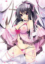 babydoll bangs black_hair blush bow breasts bridal_gauntlets covered_nipples eyebrows_visible_through_hair female hair_between_eyes hair_ribbon lace lace-trimmed_thighhighs large_breasts long_hair looking_at_viewer navel nipples open_mouth original oryou panties petals pink_babydoll pink_panties red_eyes ribbon see-through smile solo thighhighs underwear white_legwear