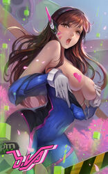 blizzard_entertainment bodysuit breasts brown_eyes brown_hair d.va female female_only gloves headphones long_hair o_face overwatch skintight solo surprised tight_clothing torn_clothing