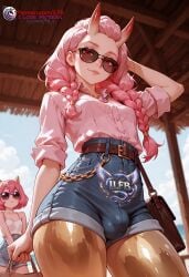 2boys standing sfw red_eyes glasses long_hair pink_hair horn horns devil devil_horns medium_hair short_stack petite petite_body young younger younger_male daughter mother mother_and_daughter bulge_through_clothing bulge looking_at_viewer looking_at_another looking_down looking_at_partner looking_up twintails femboy trap high_resolution otoko_no_ko flat_chest highres more_at_source original_character original ilfb ai_generated