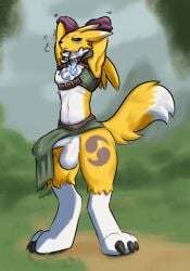 2024 anthro arm_tuft armwear balls bandai_namco black_sclera blue_eyes bridal_gauntlets bulge canid claws clothed clothing detailed_background digimon digimon_(species) dipstick_ears dipstick_tail ear_markings facial_markings fallflys fur genitals grass hands_behind_head head_markings hi_res leg_markings male mammal markings multicolored_ears neck_tuft partially_clothed penis plant renamon shoulder_tuft socks_(marking) solo tail tail_markings thick_thighs tomoe_(symbol) tuft white_balls white_body white_fur white_penis yellow_body yellow_fur