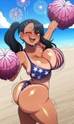 4th_of_july ai_generated asian_female ass beach beach_background big_ass big_breasts bikini blush bouncing_breasts brown_eyes bubble_butt cheering cleavage cleavage_overflow cloud cute dark-skinned_female fireworks flag_bikini flag_print hayase_nagatoro hi_res huge_ass huge_breasts motion_lines pigtails please_don't_bully_me,_nagatoro plump_ass pom_pom_(cheerleading) pom_poms shiny_skin shortstack smiling tanned tanned_skin thick_thighs twerking wide_hips wink