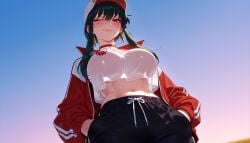 1girl clothing female spy_x_family one_eye_closed red_eyes yor_briar breasts hat baseball_cap solo headwear navel large_breasts crop_top jacket sportswear choker hands_in_pockets crop_top_overhang earrings jewelry pants smile looking_at_viewer midriff sidelocks open_jacket gradient_sky thighs blush black_hair open_clothes black_pants red_choker bangs gold_earrings sky outdoors shirt closed_mouth blue_sky from_below long_sleeves stomach upshirt red_jacket white_shirt long_hair cropped_shirt lips short_hair_with_long_locks see-through white_headwear dangle_earrings alternate_costume shorts see-through_shirt track_jacket ;) green_hair black_shorts hair_between_eyes makeup toned 1girls ai_generated voluptuous_female voluptuous curvaceous curvaceous_figure curvaceous_female curvy curvy_figure female_focus balecxi uncensored