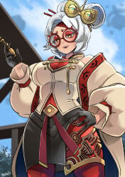 1girl adapted_costume bare_shoulders black_gloves blue_sky blush breasts butcha-u cleavage cloud coat commentary cowboy_shot day eyeshadow glasses gloves hair_ornament hair_stick hand_on_own_hip highres holding jewelry large_breasts looking_at_viewer makeup medium_breasts nintendo open_mouth outdoors pantyhose purah purah_(tears_of_the_kingdom) red-framed_eyewear red_eyes round_eyewear sheikah skirt sky sleeveless smile solo standing tears_of_the_kingdom the_legend_of_zelda the_legend_of_zelda:_tears_of_the_kingdom white_hair