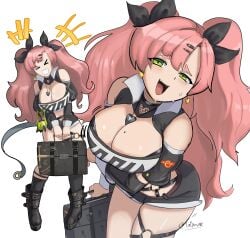 >_< +++ 1girls absurdres arm_under_breasts artist_name bangboo_(zenless_zone_zero) bare_shoulders belt black_footwear black_jacket black_ribbon black_shorts black_sleeves black_thighhighs blush boots breasts briefcase cleavage clothes_writing clothing_cutout commentary crop_top cropped_jacket cutoffs detached_sleeves earrings fangs female female_only green_eyes hair_between_eyes hair_ornament hair_ribbon hairclip heart heart_cutout heart_earrings heart_necklace highres holding holding_briefcase jacket jewelry kneehighs large_breasts light_blush long_hair looking_at_viewer micro_shorts mole mole_on_breast motion_lines multiple_views necklace nicole_demara o-ring o-ring_belt open_mouth pink_hair platform_boots platform_footwear ribbon shorts shoulder_cutout simple_background single_kneehigh single_sock single_thighhigh smile socks strapless sweat tallinax thigh_strap thighhighs tube_top two_side_up white_background white_tube_top xd zenless_zone_zero