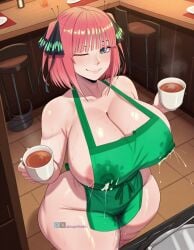 ai_generated angel_yukkis go-toubun_no_hanayome nakano_nino apron coffee_shop pussy nipples naked naked_female big_ass ass big_breasts breasts big_tits tits oppai sexy_pose sexy_female curvy_figure breastfeeding coffee