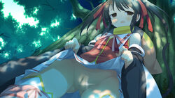 against_tree alicesoft black_hair blush censored dress dress_lift edit evenicle evenicle_(series) female flat_chest game_cg gurigura_(evenicle) legs long_hair looking_down no_panties open_mouth pussy scarf solo standing tail thighs tied_hair tree twintails yaegashi_nan yellow_eyes