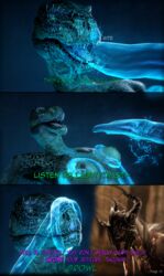 2016 3d ambiguous_fluids ambiguous_species anthro argonian armor bite bizzyniz breast_fondling breasts cave close-up comic covering_mouth detailed dialogue female fondling front_view glowing hand_on_breast helmet highres indoors nude profanity reptile scalie skyrim source_filmmaker tentacle tentacle_in_mouth the_elder_scrolls translucent translucent_tentacles yelling