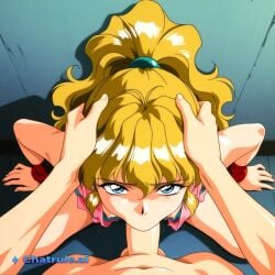 1girl ai_assisted ai_generated anime_coloring back_against_wall balls_deep blonde_hair blue_eyes deep deepthroat dominated face_fuck facing_viewer hands_tied_above_head high_quality highres kai long_hair petite_body ponytail pov ripped_clothes sitting_on_knees skinny small_breasts small_tits tiny_tits wavy_hair young