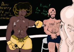 3boys big_ass big_thighs blackwhiplashverse boxing boxing_gloves boxing_match boxing_ring boxing_shorts czechmage_(user) dark-skinned_femboy dark-skinned_male dark_skin earring femboy gay gay_male light-skinned_male light_skin muscular muscular_male pan-african_colors queen_of_spades racism zander_(blackwhiplash) zander_addams