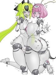 1boy 1girls 2d 2d_(artwork) alternate_color ass back_view big_breasts bite bite_mark blush bob_cut breasts colored_skin drooling female femboy femboy_on_female foot green_eyes green_hair grin hidden_sex hitobashira_(1746164306) hung_femboy hung_trap iana_kalashnikov kiss_mark large_ass long_hair looking_at_viewer machaon_(polynian) nipples official_alternate_color one_eye_closed penis penis_in_pussy pink_hair robot robot_girl robot_joints robot_neoanthropinae_polynian saliva_trail sex simple_background standing standing_sex stealth_sex thick_thighs vaginal_penetration victim_alice white_background white_skin wide_hips x-ray