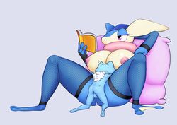 1boy 1girls areolae book bored breasts cum cum_in_pussy cum_inside detached_sleeves duo female fingerless_gloves fishnets froakie gloves greninja huge_breasts interspecies large_breasts larger_female male nintendo nipples pillow pokemon pokemon_(species) pokemon_xy pokemorph puffy_nipples purple_eyes reading sex simple_background size_difference smaller_male soapmonster spread_legs straight testicles thick_thighs thighhighs vaginal_penetration voluptuous wide_hips