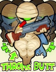 nuclear_throne goatboydraws rebel_(nuclear_throne) cyclops shotgun_shell weapon wide_hips female looking_at_viewer 1girls scarf belly_button glowing_eyes green_eyes mummy_wrappings mummy group female_focus torn_clothes holding_weapon