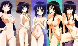 5girls blue_hair breasts character_request column_lineup female human jinki large_breasts looking_at_viewer medium_breasts multiple_girls nipples nude pendant pussy small_breasts smile standing tsunashima_shirou uncensored