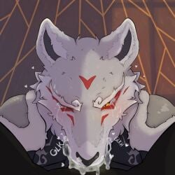 1:1 absurd_res american_mythology anthro black_body black_fur bodily_fluids cum cum_in_mouth cum_inside duo epic_games fellatio first_person_view fletcher_kane fluffy fortnite fur genital_fluids grey_body grey_fur grungle hi_res indigenous_north_american_mythology k0_bemy looking_at_viewer male male/male markings mythology north_american_mythology onomatopoeia oral penile sex sound_effects sucking tears text wendigo