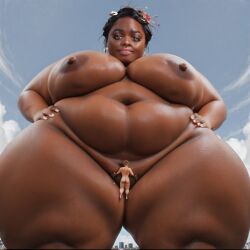 ai_generated city ebony extreme_close-up femdom giant_female giantess hands_on_hips interracial nigerian_female oc pixai size_difference ssbbw tiny_female tiny_male