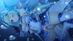1boy 1girl air_bubble aqua_hair bare_shoulders black_gloves blue_skin blush boots breasts breasts_out bubble censored chest_jewel clenched_teeth clothing_aside colored_skin covered_navel exs-tia_aqua frills game_cg gloves green_hair grimace headgear hetero holding_another's_wrist interspecies kamitsurugi_ouka kouyoku_senki_exs-tia_concert kunijima_chiaki large_breasts large_variant_set leotard long_hair magical_girl monster mosaic_censoring nipple_slip nipples non-web_source official_art one_breast_out one_eye_closed penis pleated_skirt rape red_eyes self-datamine sex shiny_skin skirt solo_focus submerged teeth thigh_boots thighhighs torn_clothes underwater underwear vaginal variant_set very_long_hair white_leotard wince