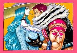 ai_generated accurate_art_style manga_style eiichiro_oda_style 715akanaichigo one_piece charlotte_amande charlotte_katakuri incest siblings brother_and_sister half-siblings blue_hair long_hair slender long_neck eyelashes pale_skin pale-skinned_female light-skinned_male light-skinned_female hetero straight male female male/female breasts large_breasts huge_breasts breasts_bigger_than_head skinny petite breast_grab grabbing_breasts