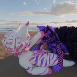 3d_(artwork) absurd_res accessory anthro armwear balls beach bikini birthmark black_body black_fur black_hair blender_(artwork) breasts burtrevolution burtrevolution_(burtrevolution) canid canine clothing deadrevolution_(burtrevolution) digital_media_(artwork) duo fellatio female fox fur genitals hair hand_on_head hand_on_leg hand_on_thigh headband hi_res knot legwear long_hair male male/female mammal markings missing_texture multi_tail nude oral outside penile penis pink_body pink_fur pink_hair purple_body purple_fur purple_hair sand sea sex short_hair swimwear tail two-piece_swimsuit water white_body white_fur white_hair
