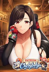 1girl absurdres ai_assisted ai_generated anime anime_style attractive beautiful beautiful_eyes beautiful_lighting best_quality black_hair black_skirt breasts brown_hair chebybelya cinematic_lighting crop_top curvy cute deep_skin detailed detailed_face detailed_skin digital_art earrings elbow_gloves final_fantasy fingerless_gloves gloves high_quality high_resolution highres jewelry large_breasts long_hair looking_at_viewer lying masterpiece on_stomach patreon patreon_username perfect_body red_eyes red_gloves sexy sharp_focus signature skirt slim_waist smile soft_lighting soft_shading solo stylized suspender_skirt suspenders tank_top thick_thighs tifa_lockhart tifa_lockhart_(1997) toned very_aesthetic vibrant_colors watermark wide_hips