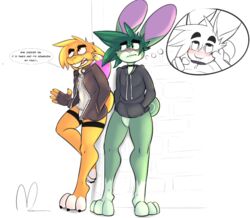 0r0 0r0ch1 anthro big_ears bottomless clothed clothing duo furry furry_only green_fur hoodie inoby lagomorph male_only mammal no_humans oral oroch1 rabbit seffy simple_background