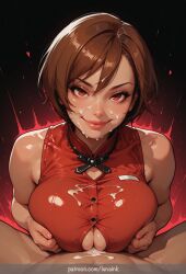 1girl breasts 1boy cum paizuri hetero paizuri_under_clothes brown_hair pov breasts_squeezed_together short_hair large_breasts looking_at_viewer facial cum_on_body smile red_eyes solo_focus cum_on_breasts nude bare_shoulders cum_on_clothes lips clothed_female_nude_male cum_on_hair button_gap patreon_username sleeveless closed_mouth lunaink ai_generated