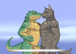 2016 anthro anubian_jackal balls better_version_at_source boop canine crocodile crocodilian duo erection fist flaccid furry jackal league_of_legends male mammal muscular nasus nipples nude penis renekton reptile riot_games scalie simple_background slugsdog yaoi