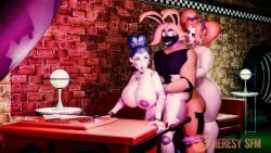 anthro ballora ballora_(fnafsl) black_body black_fur circus_baby_(fnaf) female five_nights_at_freddy's fur glamrock_vengy group heresy_sfm lagomorph leporid machine male male/female mammal nude rabbit robot scottgames sister_location trio yellow_body yellow_fur