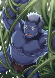1boy 2022 ao_oni_(character) arms_up asian_mythology bara beard_stubble beefy biceps black_eyes blue_body broken_horn bulge bulge_through_clothing collarbone dad_bod dadbod dated demon duo east_asian_mythology forked_eyebrows gay hi_res horn hunk japanese_mythology legs_apart looking_at_viewer male male_only manly mature_male monster muscles muscular muscular_arms muscular_male mythology no_body_hair oni oni_horns pecs pointy_ears restrained restrained_arms restrained_by_tentacles restrained_legs robronx35498_(pixivid=35498) scar scar_across_eye scar_on_face sharp_teeth spiked_armband struggling teeth_showing tentacle_around_arm tentacle_around_leg topless tough_guy vine_bondage vine_tentacles vines white_hair yaoi