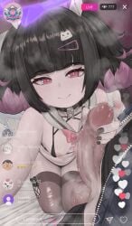 1boy 1girls absurdres angels_of_delusion bare_shoulders bed_sheet belle_(zenless_zone_zero) bikini black_bikini black_choker black_hair black_nails black_shirt blue_jacket blush breasts brown_thighhighs censored choker closed_mouth clothes_pull colored_inner_hair colored_nails commentary english_commentary erection female_focus grabbing_another's_penis hair_ornament hairclip halo handjob heart hetero highres instagram jacket livestream looking_at_viewer mosaic_censoring multicolored_hair nangong_yu_(rhapsody's_muse)_(zenless_zone_zero) nangong_yu_(zenless_zone_zero) navel nipples on_bed osukareen painted_nails pants pants_pull penis purple_halo red_eyes shirt short_twintails small_breasts smile streaming sweat swimsuit testicles thighhighs twintails wise_(zenless_zone_zero) zenless_zone_zero
