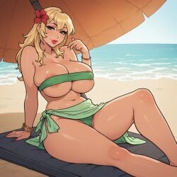 1:1 1girls ai_assisted ai_generated areola_peek bangle bangs beach beach_mat beach_umbrella belly_button bikini bikini_bottom black_outline blonde_hair bracelet bursting_breasts cleavage earrings eyeshadow female flat_colors flower_in_hair green_clothing green_eyes hair_between_eyes hair_over_shoulder hand_on_surface hibiscus inviting large_breasts leaning_back light-skinned_female lipstick long_hair looking_at_viewer loose_hair massive_breasts mat matress micro_bikini midriff narrow_waist nipple_outline ocean ocean_background relaxing revealing_clothes rgomez007 sarong seductive_look self_upload sitting skimpy skimpy_clothes skindentation smiling_at_viewer solo_female stable_diffusion thick_eyelashes thick_lips thick_outline thick_thighs tubetop under_umbrella underboob voluptuous warm_lighting wide_hips
