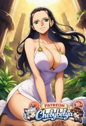 1girl absurdres ai_assisted ai_generated anime anime_style attractive bare_shoulders beautiful beautiful_eyes beautiful_lighting best_quality black_hair blue_eyes breasts chebybelya cinematic_lighting collarbone curvy cute deep_skin detailed detailed_face detailed_skin digital_art dress female female_only floating_hair hair_slicked_back high_quality high_resolution highres large_breasts long_hair looking_at_viewer nico_robin one_eye_closed one_piece open_mouth patreon patreon_username perfect_body pillar sexy sharp_focus side_slit signature sitting slim_waist smile soft_lighting soft_shading solo stylized thick_thighs toned very_aesthetic vibrant_colors watermark white_dress wide_hips